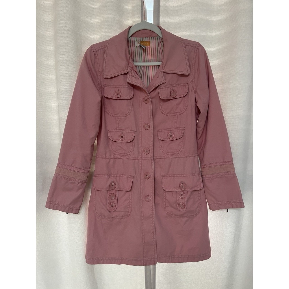 Tulle Anthropologie  Pink Utility Trench Jacket Size M Button Front Multi Pocket